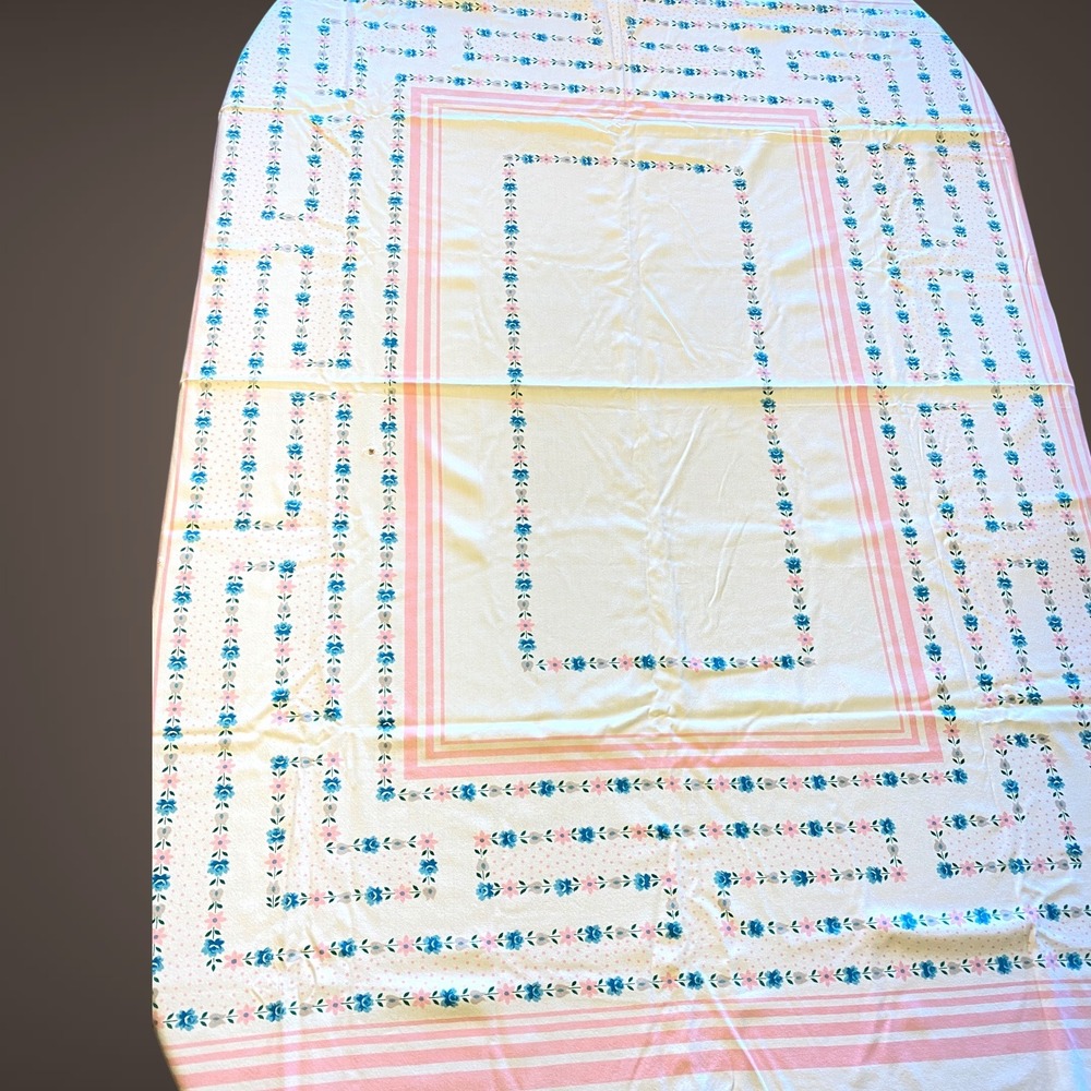 Vintage Spring Easter Tablecloth 63x51‎ Pink Blue Floral Stripes Dots - Picture 3 of 8